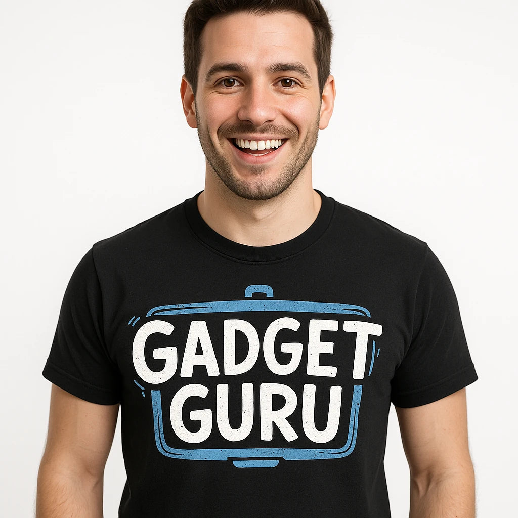 Close-up of the "Gadget Guru" white print on a premium Bella+Canvas black gadget t shirt