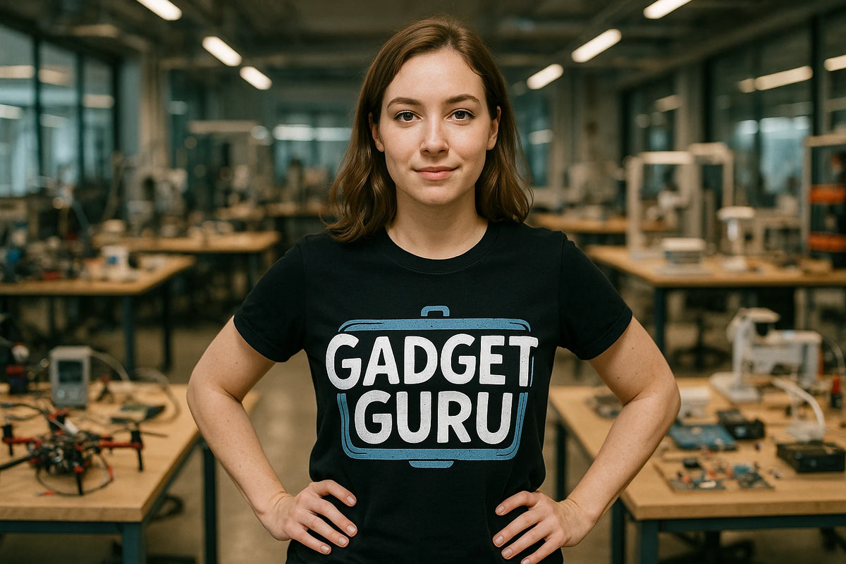 Lifestyle shot of the "Gadget Guru" black gadget t shirt in a real-world setting