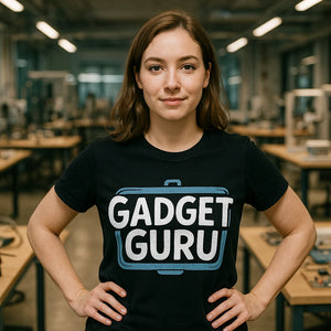 Lifestyle shot of the "Gadget Guru" black gadget t shirt in a real-world setting