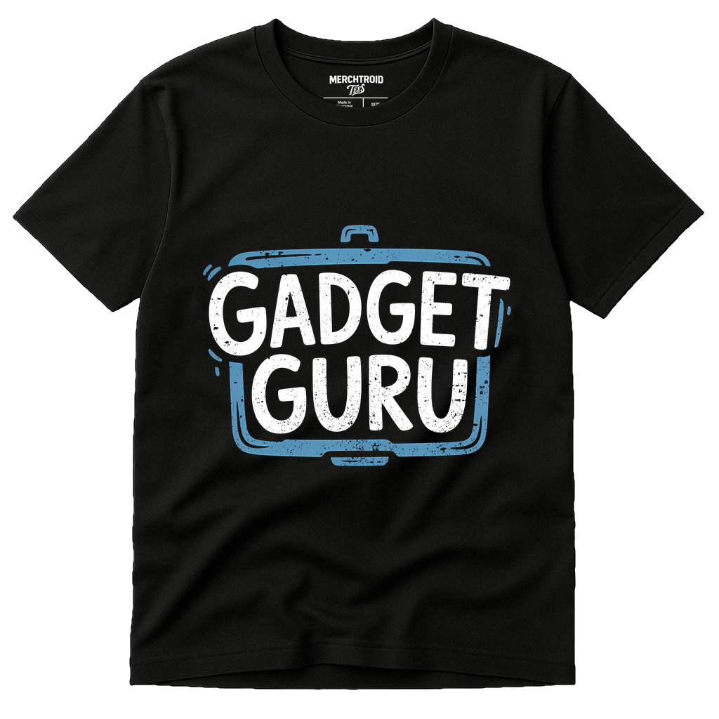 Black Gadget T Shirt - "Gadget Guru" graphic tee with white print, flat lay product photo