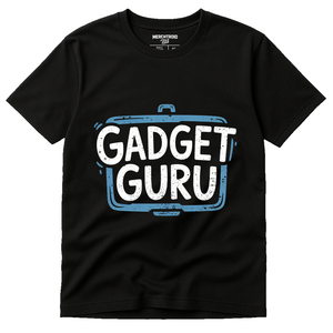 Black Gadget T Shirt - "Gadget Guru" graphic tee with white print, flat lay product photo