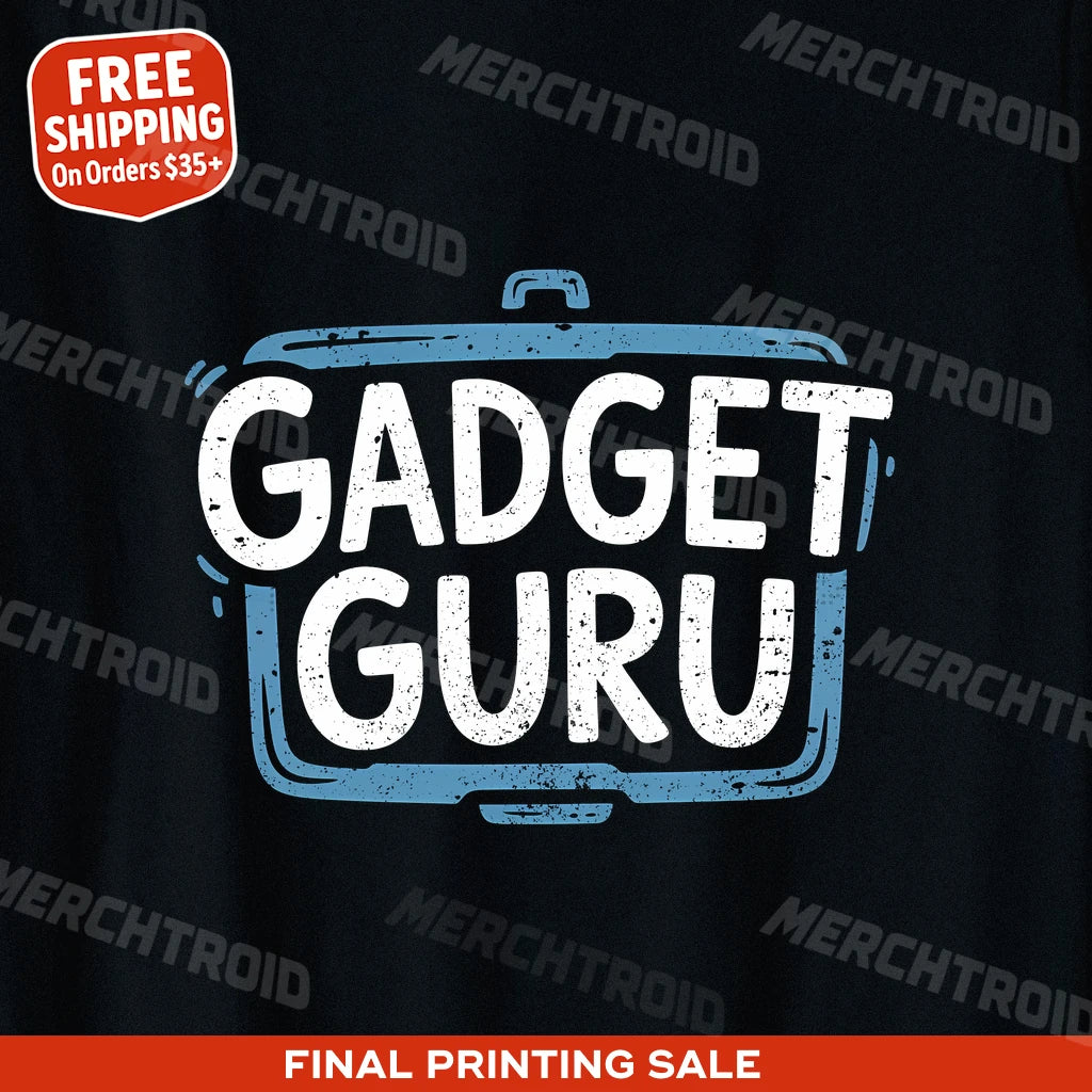 "Gadget Guru" black gadget t shirt, photographed as gift ideas for gadget lovers