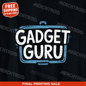 "Gadget Guru" black gadget t shirt, photographed as gift ideas for gadget lovers
