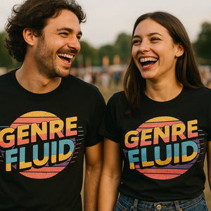 Person wearing the black music t shirt graphic tee - "Genre Fluid" design
