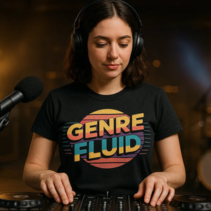 Lifestyle shot of the "Genre Fluid" black music t shirt in a real-world setting