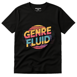 Black Music T Shirt - "Genre Fluid" graphic tee with gold print, flat lay product photo