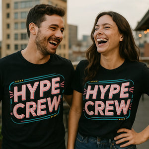 Person wearing the black socializing t shirt graphic tee - "Hype Crew" design