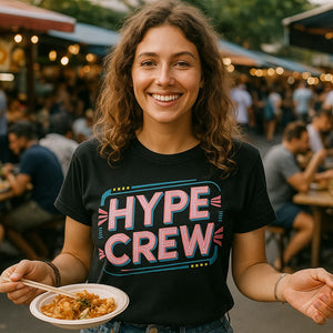 Lifestyle shot of the "Hype Crew" black socializing t shirt in a real-world setting