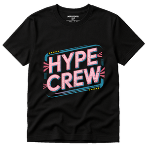 Black Socializing T Shirt - "Hype Crew" graphic tee with pink print, flat lay product photo