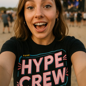 "Hype Crew" black socializing t shirt, photographed as socializing lover gift