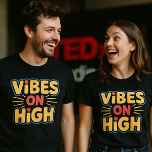 Person wearing the black growth mindset tshirts graphic tee - "Vibes on High" design