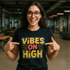 Lifestyle shot of the "Vibes on High" black growth mindset tshirts in a real-world setting