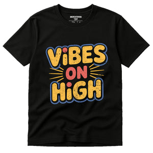Black Growth Mindset Tshirts - "Vibes on High" graphic tee with gold print, flat lay product photo