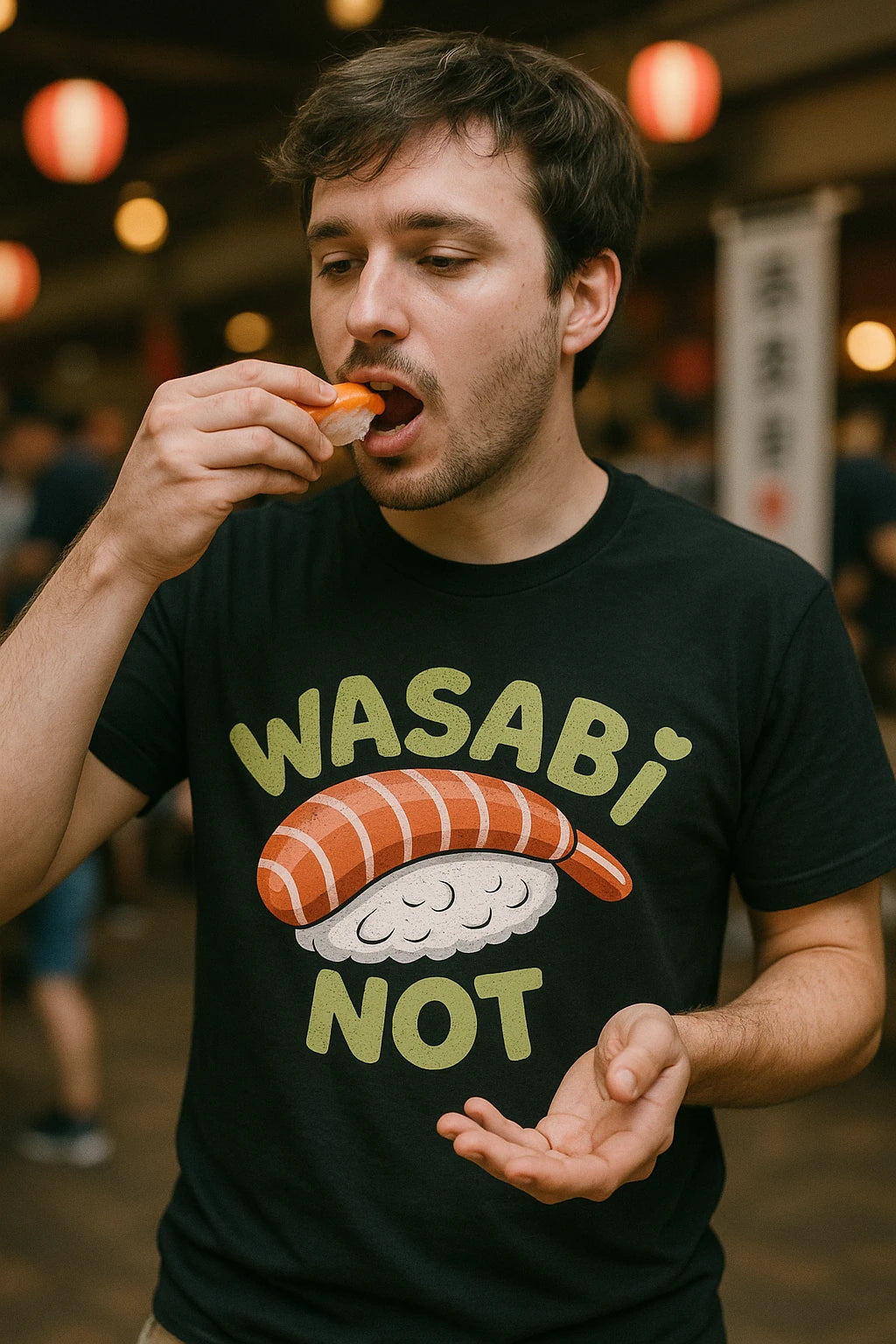 "Wasabi Not" black sushi t shirt, photographed as gifts for a sushi lover