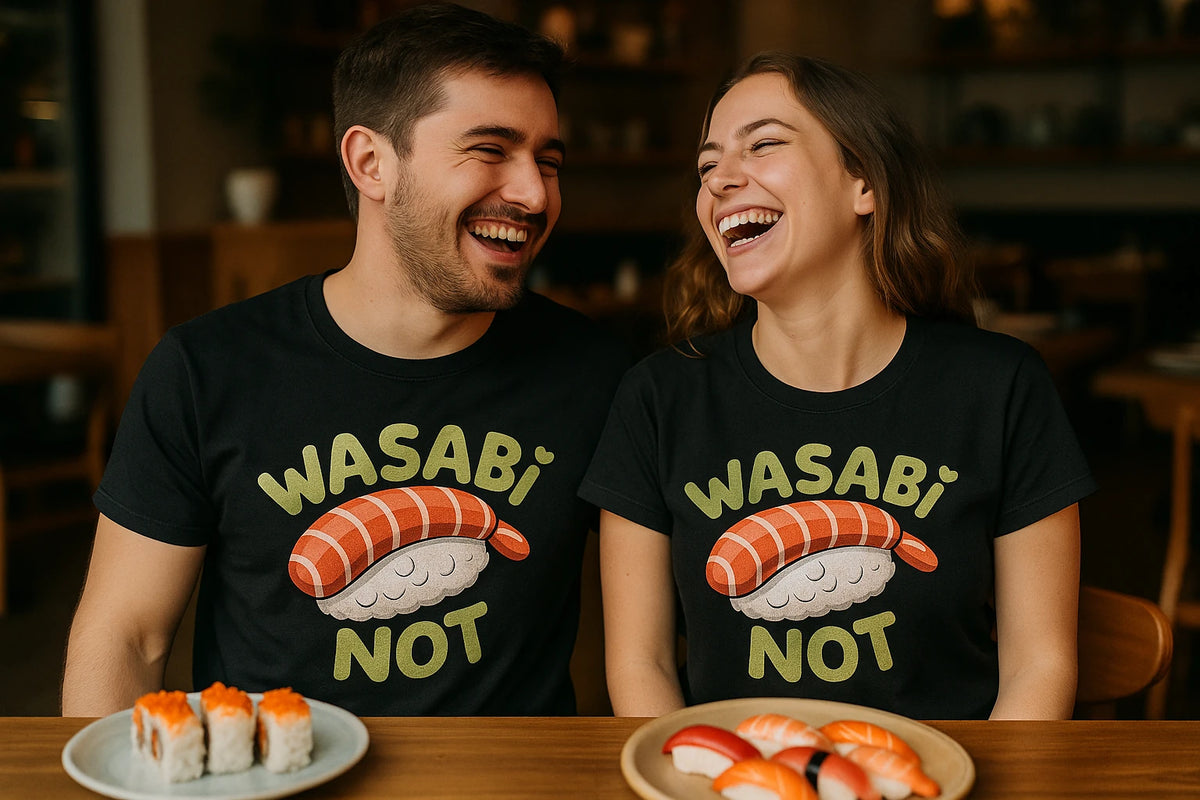 Person wearing the black sushi t shirt graphic tee - "Wasabi Not" design