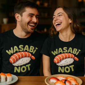 Person wearing the black sushi t shirt graphic tee - "Wasabi Not" design