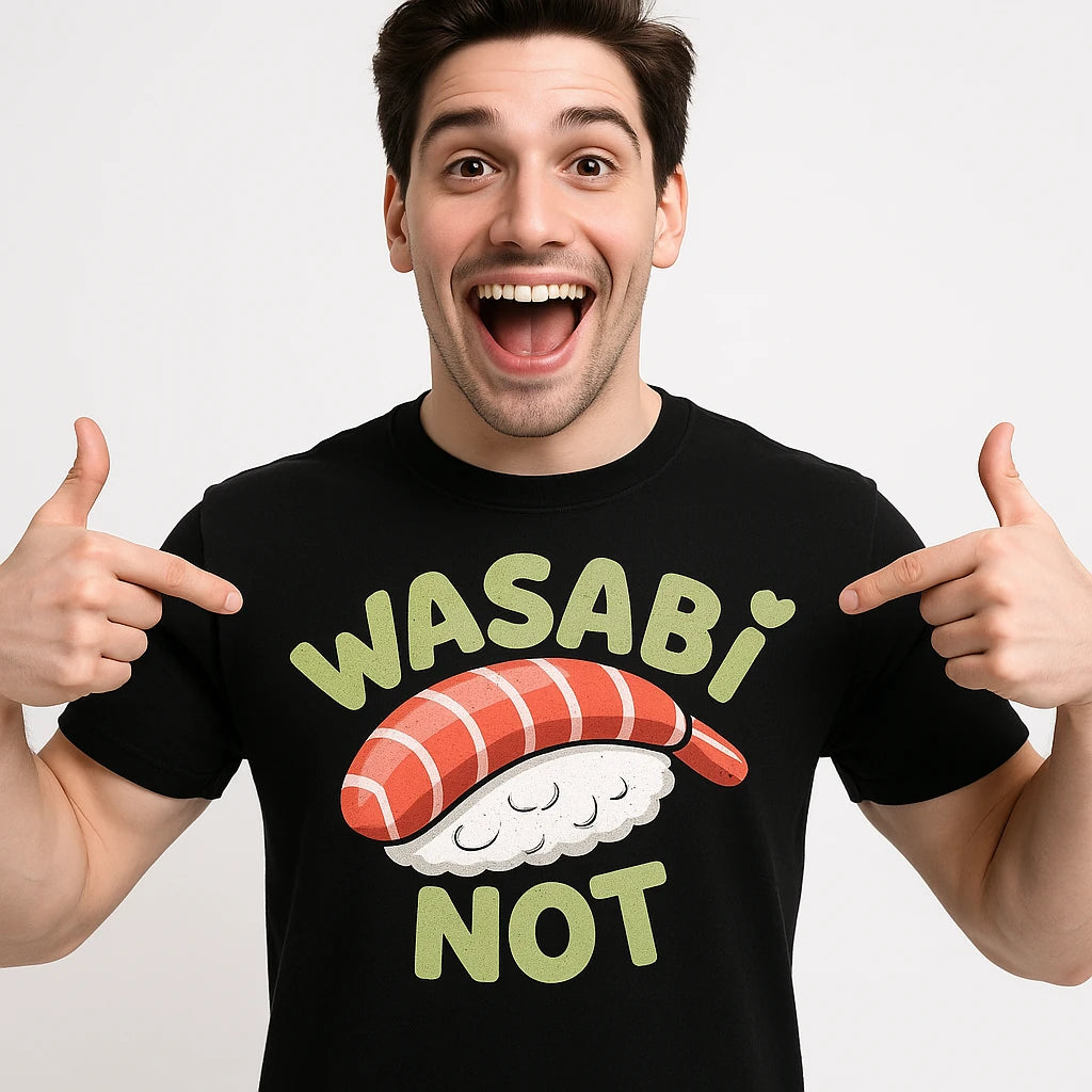 Close-up of the "Wasabi Not" gold print on a premium Bella+Canvas black sushi t shirt