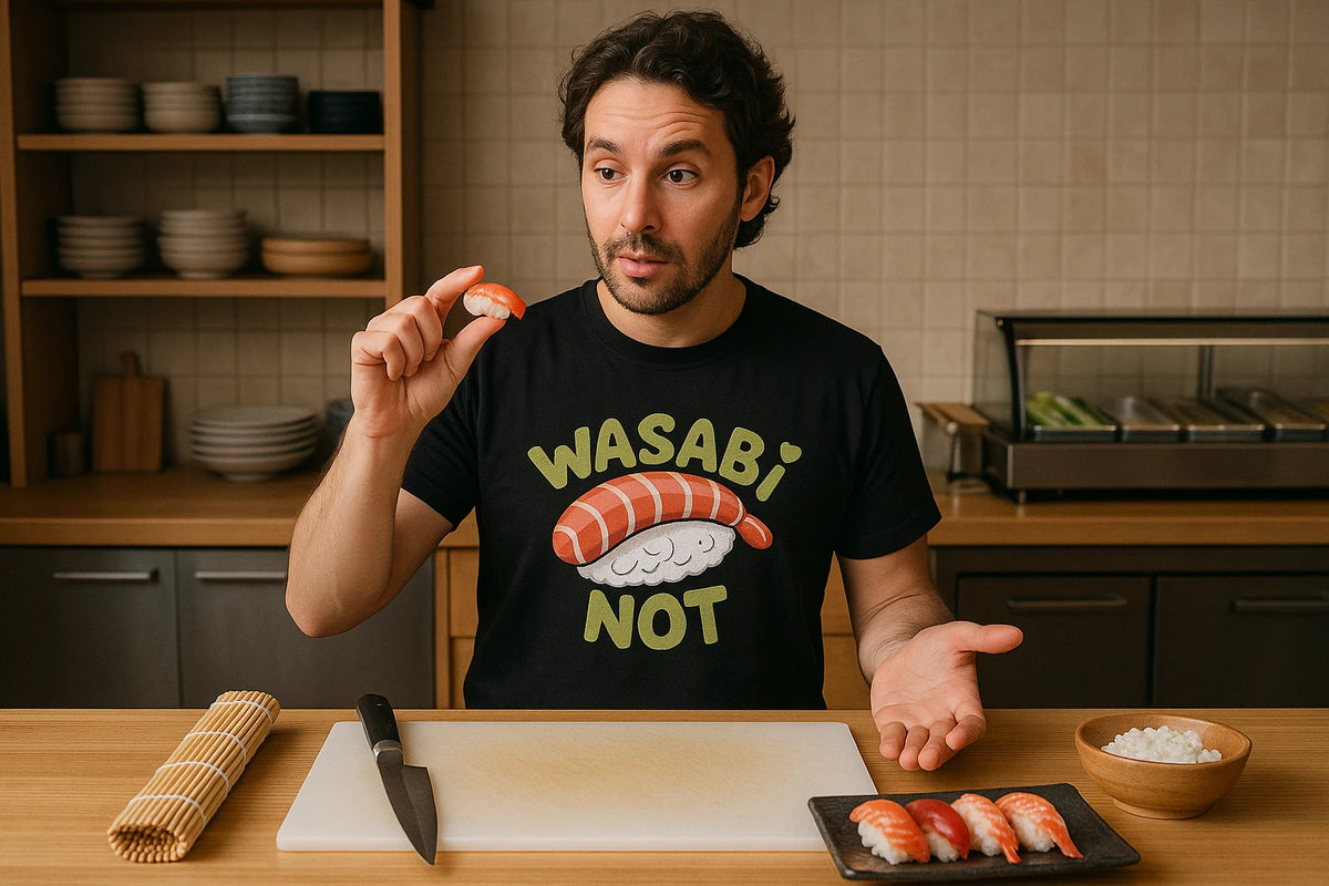 Lifestyle shot of the "Wasabi Not" black sushi t shirt in a real-world setting