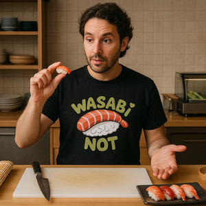 Lifestyle shot of the "Wasabi Not" black sushi t shirt in a real-world setting