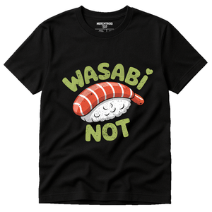 Black Sushi T Shirt - "Wasabi Not" graphic tee with gold print, flat lay product photo