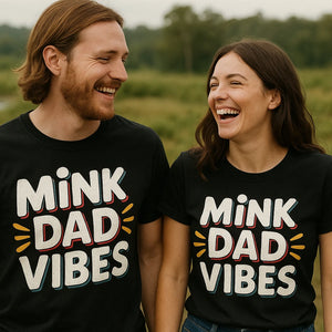Person wearing the black mink t shirt graphic tee - "Mink Dad Vibes" design