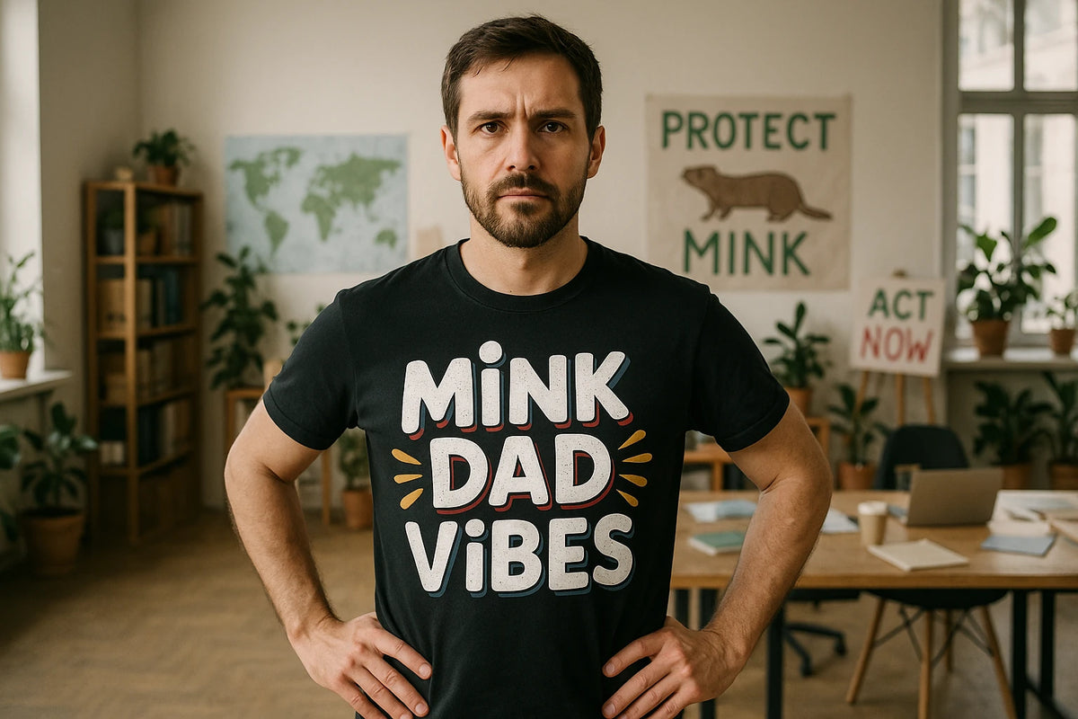 Lifestyle shot of the "Mink Dad Vibes" black mink t shirt in a real-world setting