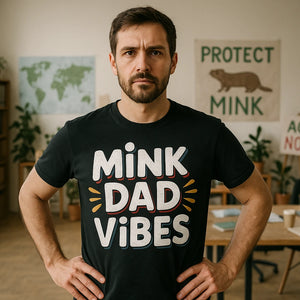 Lifestyle shot of the "Mink Dad Vibes" black mink t shirt in a real-world setting