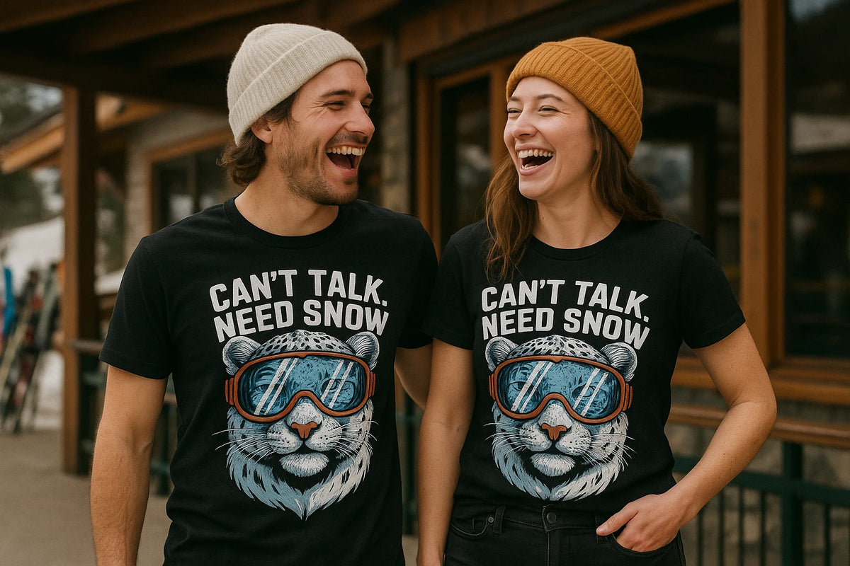 Person wearing the black snowboard tee graphic tee - "Can'T Talk. Need Snow" design