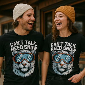 Person wearing the black snowboard tee graphic tee - "Can'T Talk. Need Snow" design