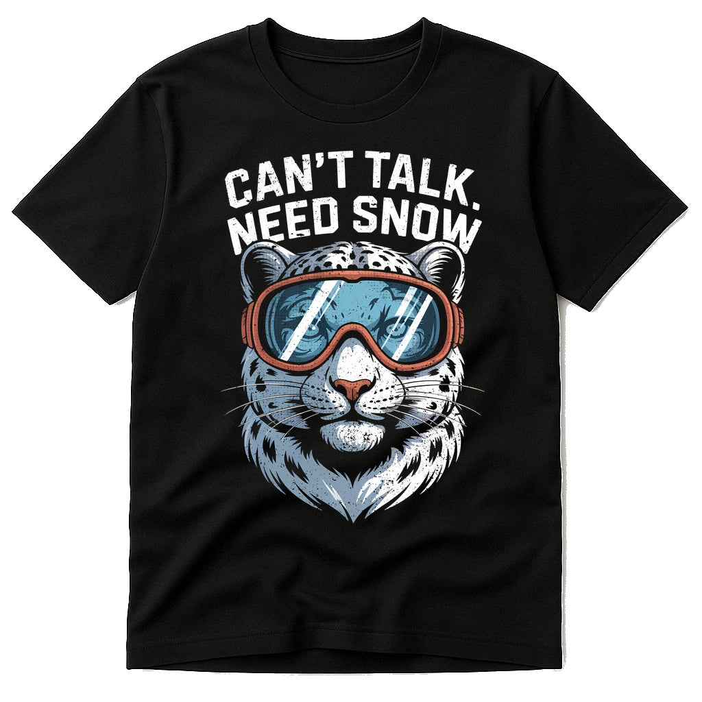 Black Snowboard Tee - "Can'T Talk. Need Snow" graphic tee with gray print, flat lay product photo