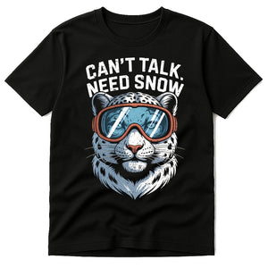 Black Snowboard Tee - "Can'T Talk. Need Snow" graphic tee with gray print, flat lay product photo