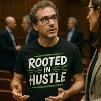 A person with glasses wearing a black T-shirt that reads 