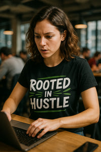 A person with shoulder-length brown hair is focused while typing on a laptop. They are wearing a black t-shirt with the text 