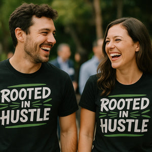 Person wearing the black growth mindset t shirt graphic tee - "Rooted in Hustle" design