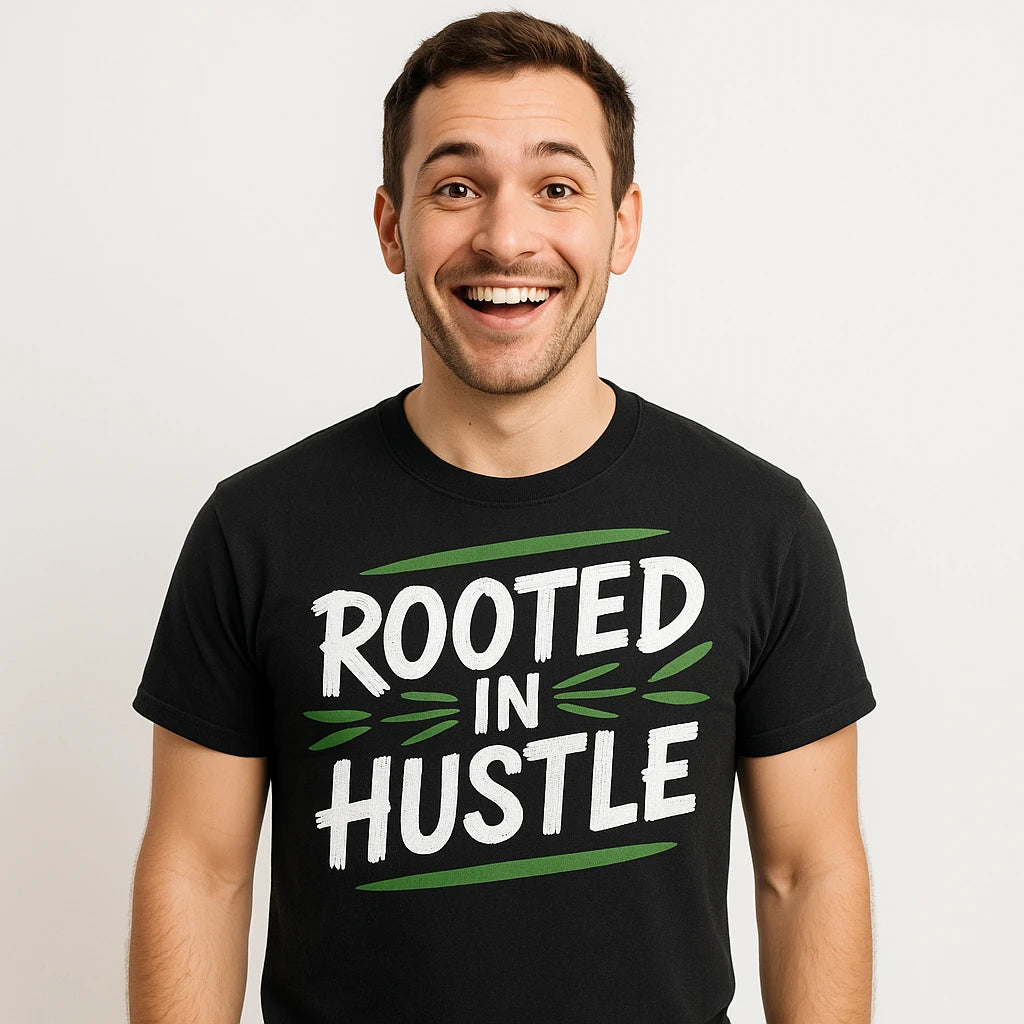 A person with short brown hair and a beard is smiling at the camera. They are wearing a black t-shirt with the text "ROOTED IN HUSTLE" in bold white letters with green accents. The background is a plain white wall.