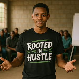 Lifestyle shot of the "Rooted in Hustle" black growth mindset t shirt in a real-world setting