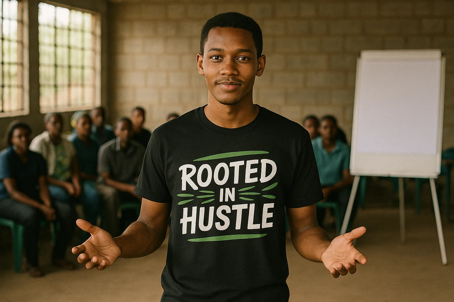 A person stands indoors, wearing a black T-shirt with the text "ROOTED IN HUSTLE." The person is holding their hands out, and there is a group of people seated in the background with a white flip chart on a stand. The setting appears to be a classroom or meeting space.