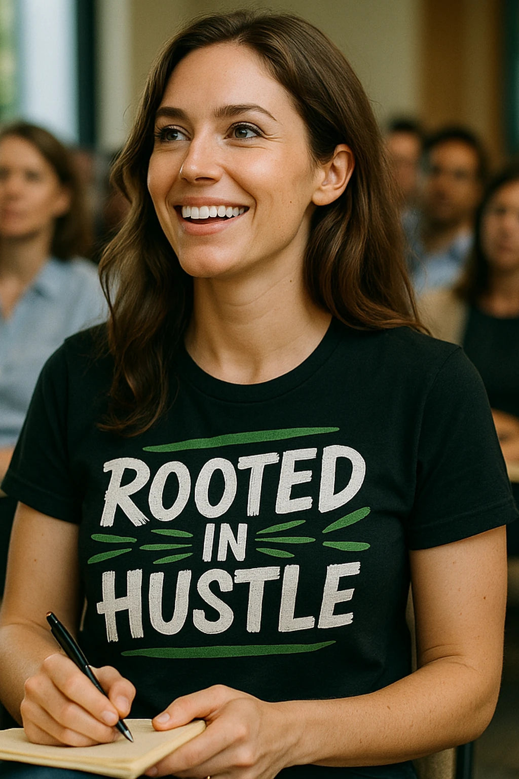 A person with long brown hair smiling and wearing a black T-shirt with the words "ROOTED IN HUSTLE" printed on it. They are holding a pen and writing on a notepad, seated in what appears to be a classroom or seminar setting with other people in the background.