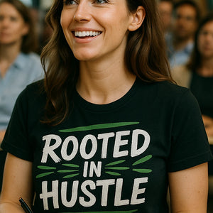 "Rooted in Hustle" black growth mindset t shirt, photographed as growth mindset lover gift