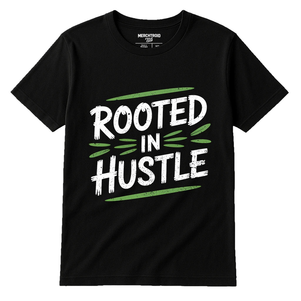 A black t-shirt with the phrase "ROOTED IN HUSTLE" printed in bold white and green text. The shirt is displayed against a plain background.
