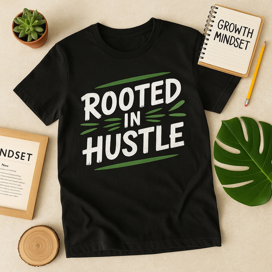 A black T-shirt lies on a flat surface with the text "ROOTED IN HUSTLE" in bold white and green letters. Surrounding the shirt are various items, including a potted succulent, a framed paper partially showing the word "MINDSET," a small notebook with "GROWTH MINDSET" written on it, a pencil, a piece of tree slice, and a large green leaf.