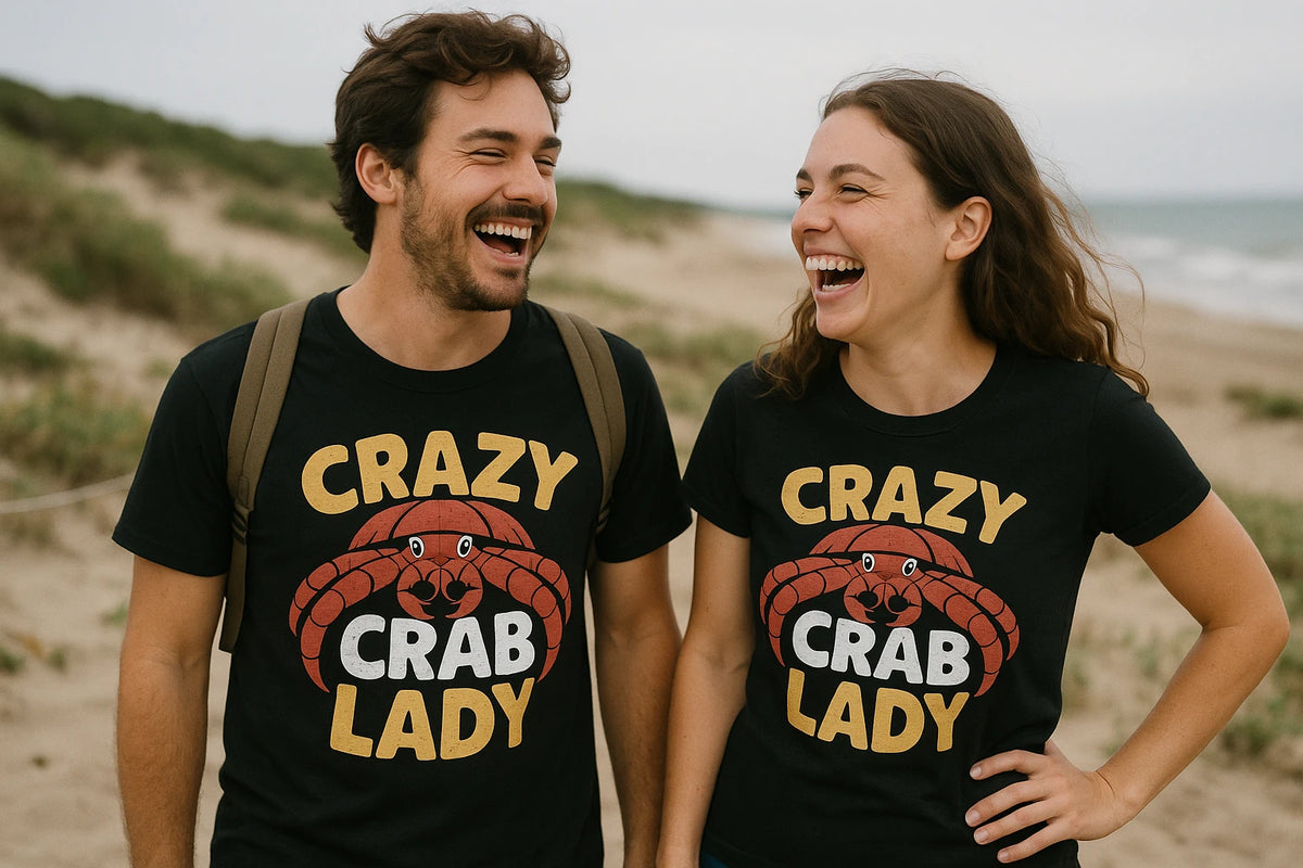 Person wearing the black hermit crab t shirt graphic tee - "Crazy Crab Lady" design