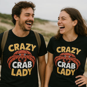 Person wearing the black hermit crab t shirt graphic tee - "Crazy Crab Lady" design