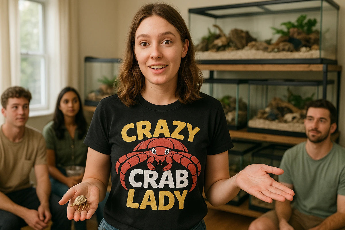 Lifestyle shot of the "Crazy Crab Lady" black hermit crab t shirt in a real-world setting