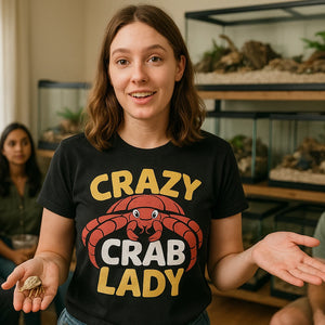 Lifestyle shot of the "Crazy Crab Lady" black hermit crab t shirt in a real-world setting