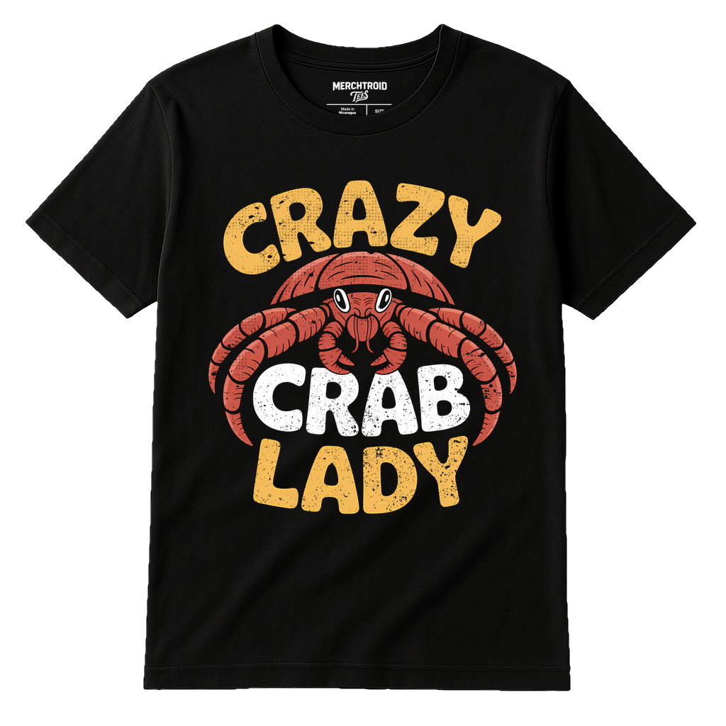 Black Hermit Crab T Shirt - "Crazy Crab Lady" graphic tee with gold print, flat lay product photo