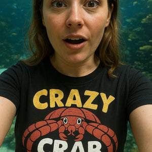 "Crazy Crab Lady" black hermit crab t shirt, photographed as hermit crab lover gift