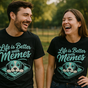 Person wearing the black dog shirts for small dogs graphic tee - "Life Is Better With Memes" design