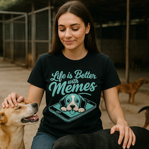 Lifestyle shot of the "Life Is Better With Memes" black dog shirts for small dogs in a real-world setting