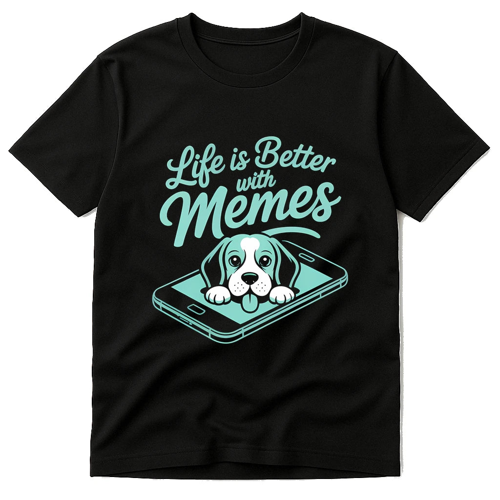 Black Dog Shirts For Small Dogs - "Life Is Better With Memes" graphic tee with light gray print, flat lay product photo